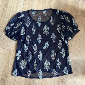 Sheer Blue Floral Embroidered Shirt